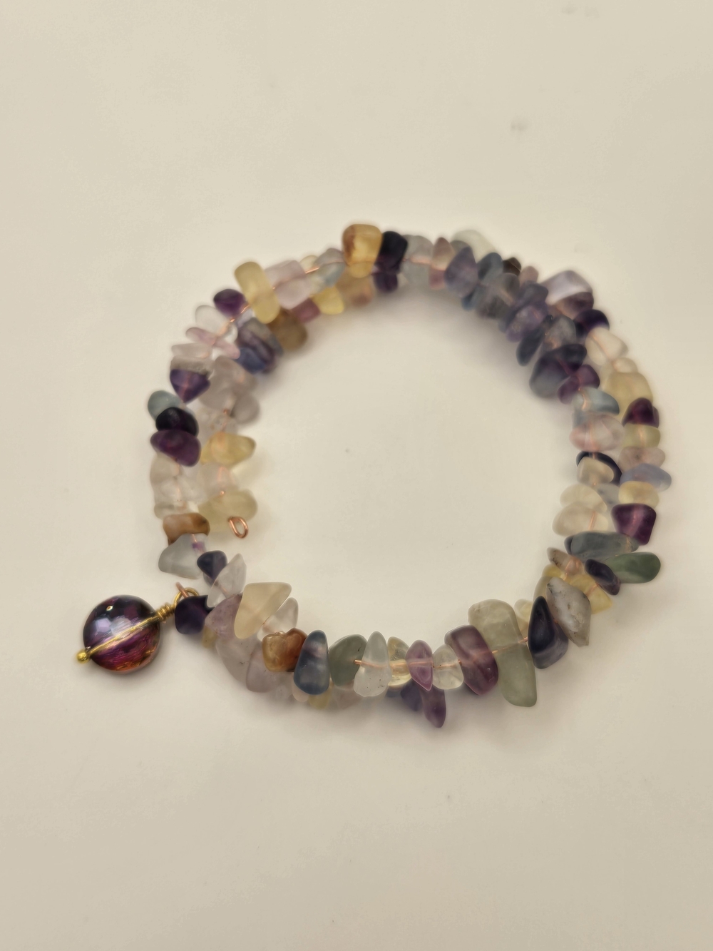 Multicolor Fluorite Chip Bracelet with Glass Accent Bead - Memory Wire